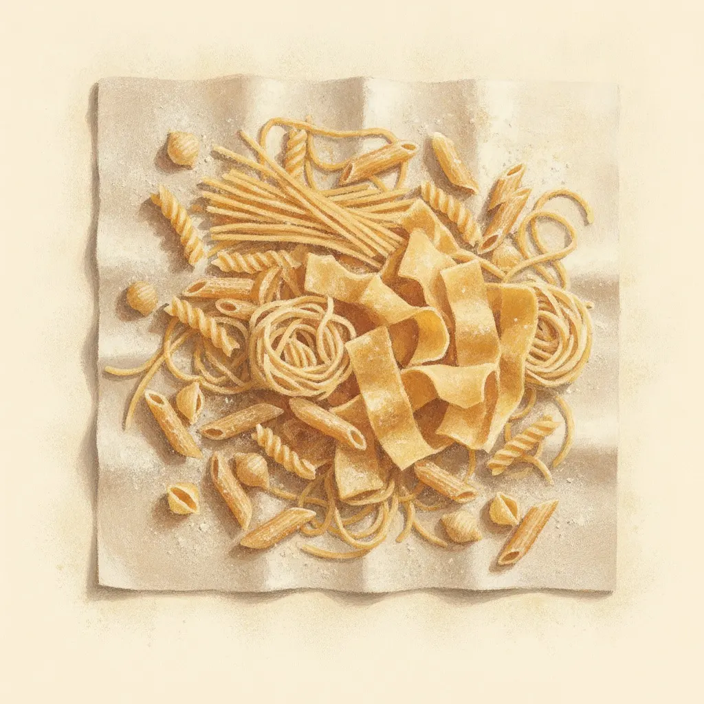 A gouache spread of assorted Italian pasta shapes